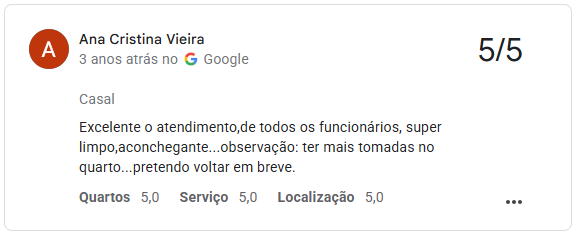 Avaliação 5/5 no Google de Ana Cristina Vieira: excelente atendimento, super limpo e aconchegante