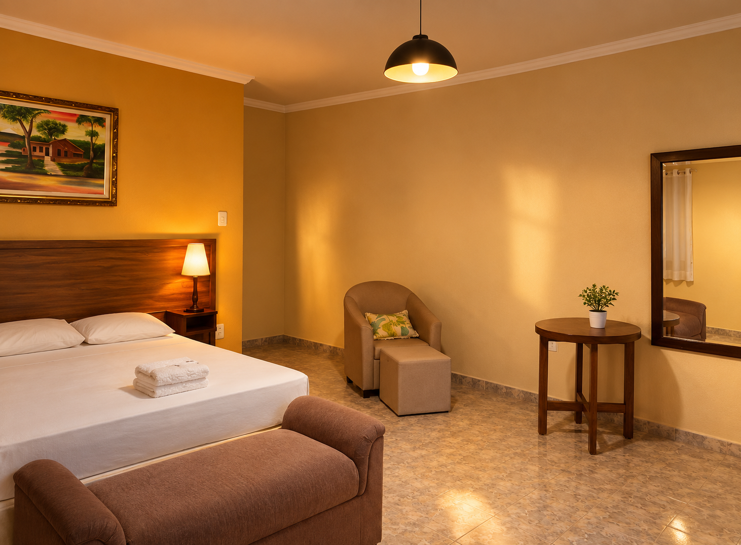 Quarto do Hotel Veredas com poltrona, mesa de apoio e iluminação aconchegante