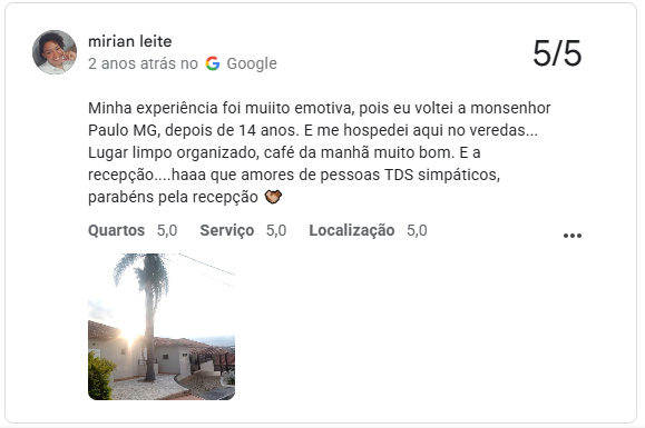 Avaliação 5/5 no Google de Mirian Leite: lugar limpo, organizado e café da manhã muito bom