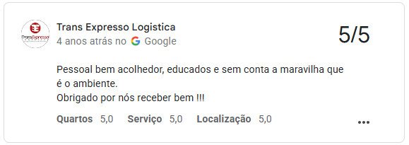 Avaliação 5/5 no Google de Trans Expresso Logística: pessoal acolhedor e educado