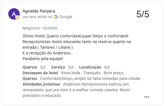 Avaliação 5/5 no Google de Agnaldo Panzera: quarto confortável e recepcionistas educadas