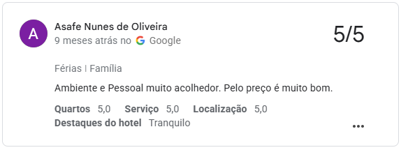 Avaliação 5/5 no Google de Asafe Nunes de Oliveira: ambiente e pessoal muito acolhedor