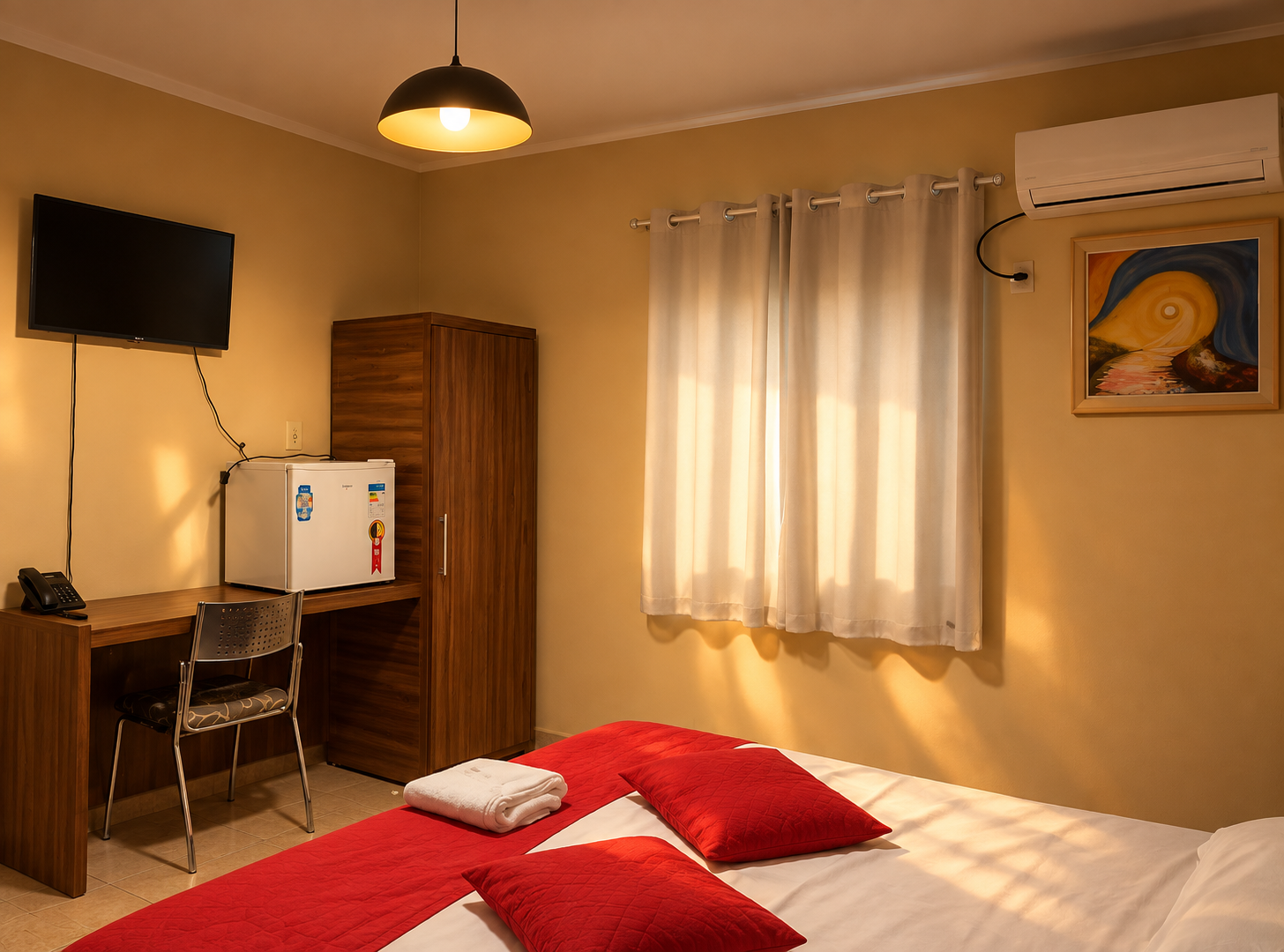 Quarto do Hotel Veredas com TV, frigobar, guarda-roupa e escrivaninha