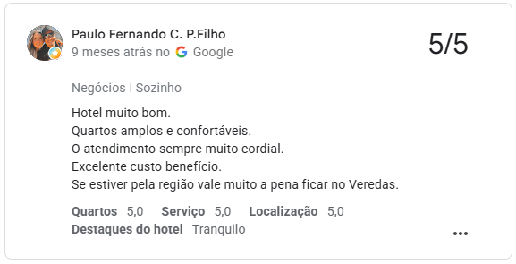 Avaliação 5/5 no Google de Paulo Fernando: hotel muito bom, quartos amplos e confortáveis