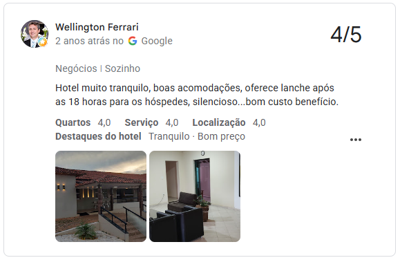 Avaliação 4/5 no Google de Wellington Ferrari: hotel muito tranquilo e bom custo-benefício