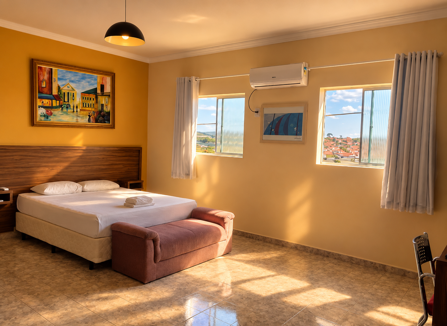 Quarto amplo do Hotel Veredas com cama de casal, ar-condicionado e vista pela janela